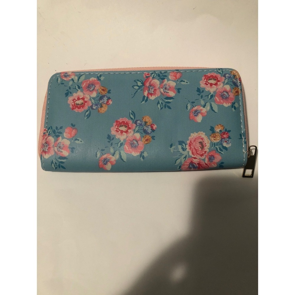 Floral Zip Around Wallet Blue Pink Flowers Clutch Organizer 7.5x4" NEW